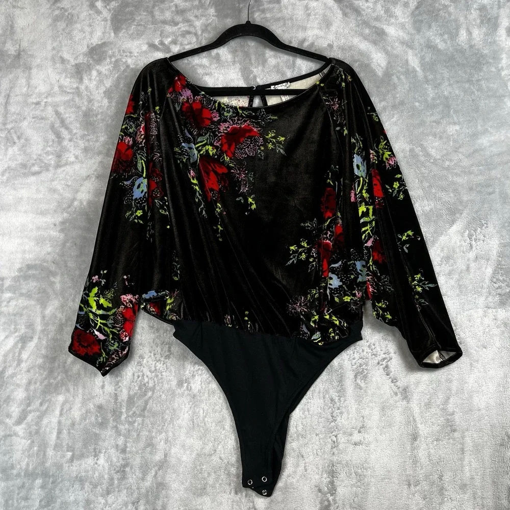 Free People Intimately Velvet Floral Bodysuit Black Dolman Sleeve Small S